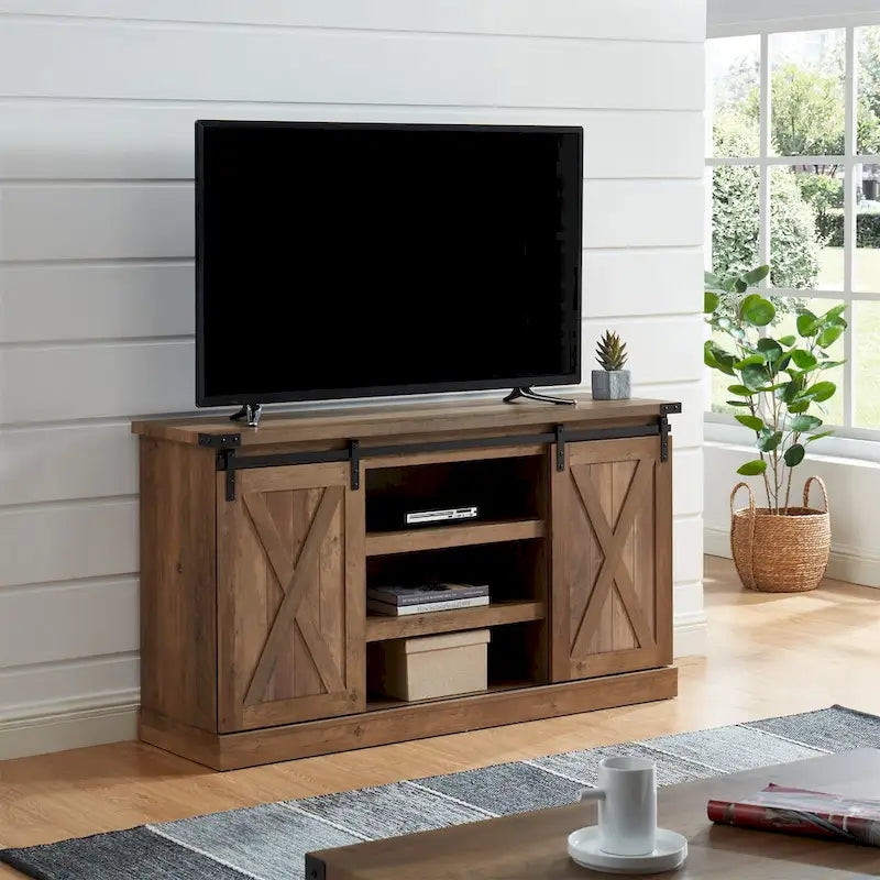 54 Farmhouse Sliding Barn Door TV Stand for TV up to 60 Inch Flat Screen
