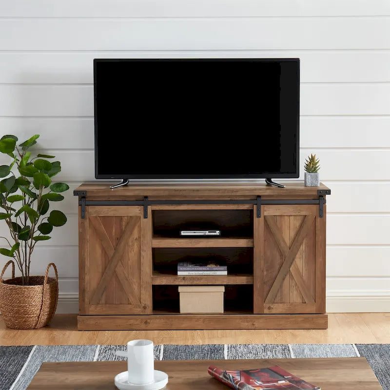 54 Farmhouse Sliding Barn Door TV Stand for TV up to 60 Inch Flat Screen