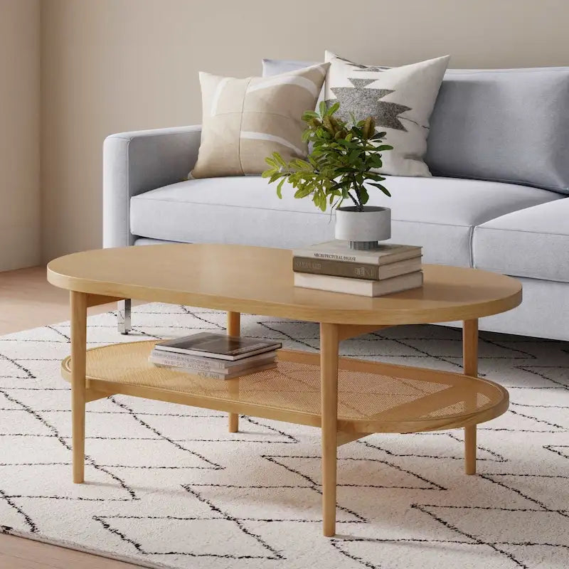 Bohemian 2-Tier Oval Cane Coffee Table in Light Wood With Rattan Storage Shelf
