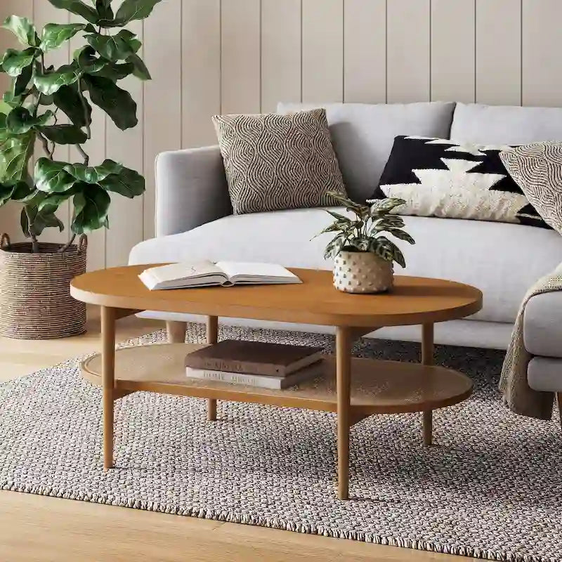 Bohemian 2-Tier Oval Cane Coffee Table in Light Wood With Rattan Storage Shelf