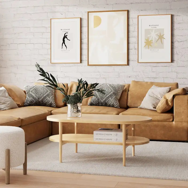 Bohemian 2-Tier Oval Cane Coffee Table in Light Wood With Rattan Storage Shelf