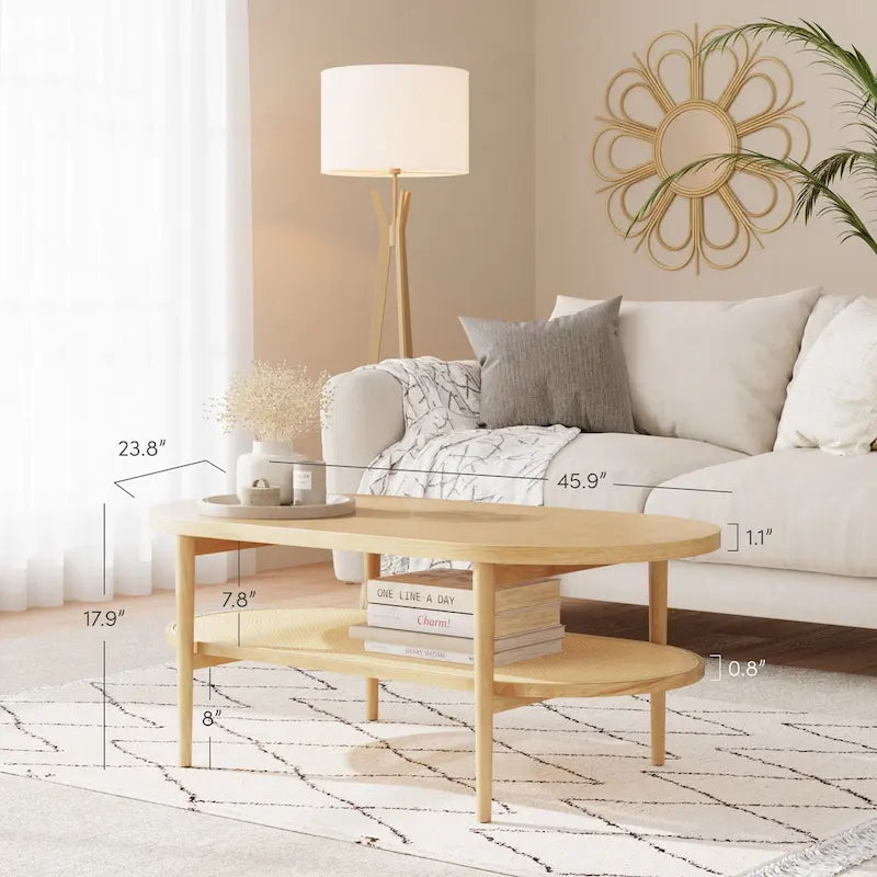 Bohemian 2-Tier Oval Cane Coffee Table in Light Wood With Rattan Storage Shelf