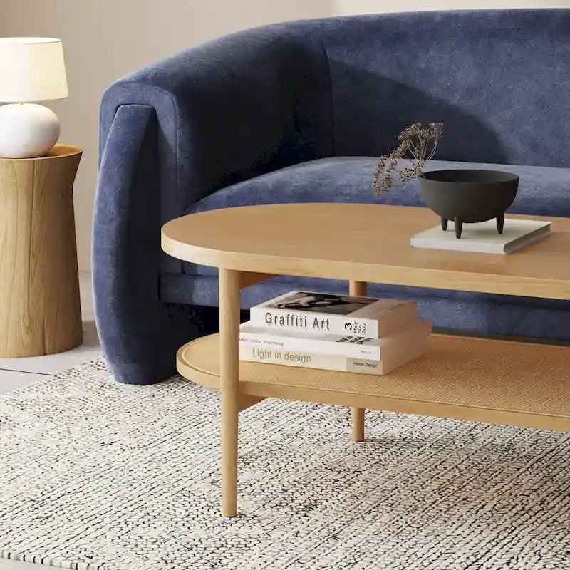 Bohemian 2-Tier Oval Cane Coffee Table in Light Wood With Rattan Storage Shelf