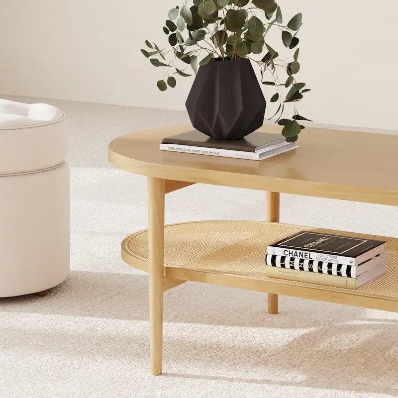 Bohemian 2-Tier Oval Cane Coffee Table in Light Wood With Rattan Storage Shelf
