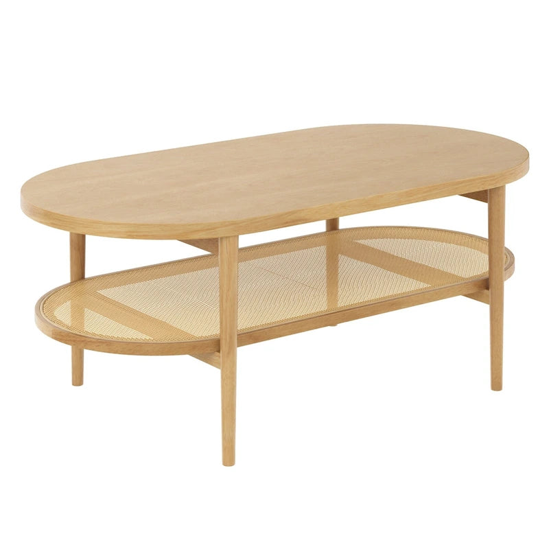 Bohemian 2-Tier Oval Cane Coffee Table in Light Wood With Rattan Storage Shelf
