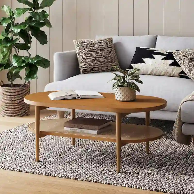 Bohemian 2-Tier Oval Cane Coffee Table in Light Wood With Rattan Storage Shelf