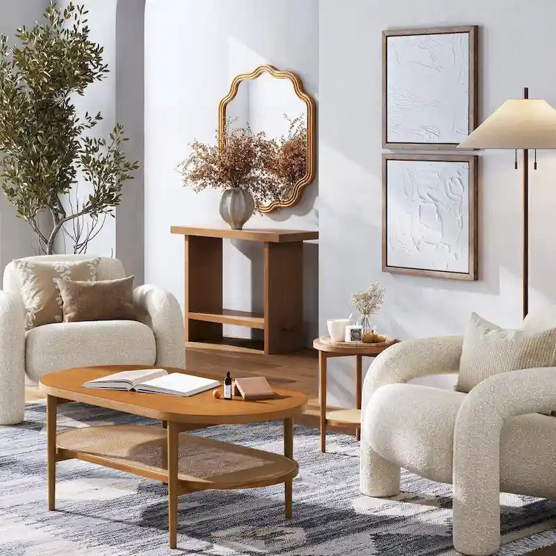 Bohemian 2-Tier Oval Cane Coffee Table in Light Wood With Rattan Storage Shelf