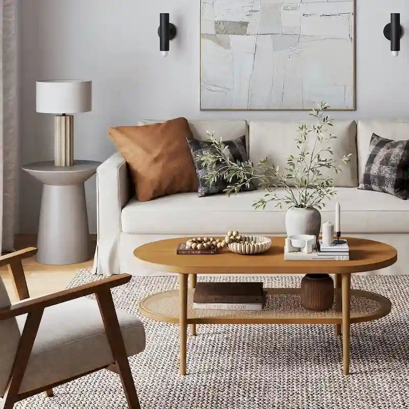 Bohemian 2-Tier Oval Cane Coffee Table in Light Wood With Rattan Storage Shelf