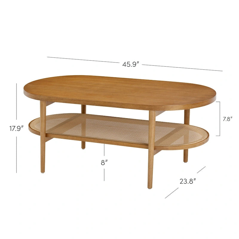 Bohemian 2-Tier Oval Cane Coffee Table in Light Wood With Rattan Storage Shelf