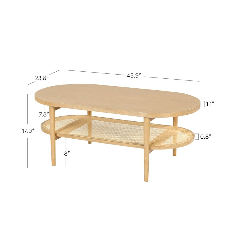 Bohemian 2-Tier Oval Cane Coffee Table in Light Wood With Rattan Storage Shelf