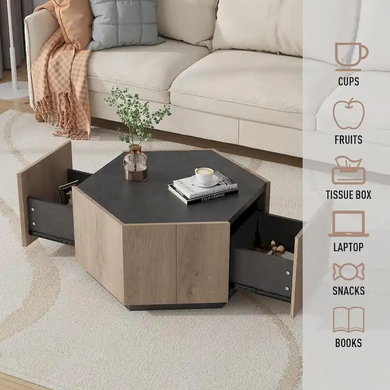 Hexagonal Coffee Table, Scratch Resistant Center Table with Drawers