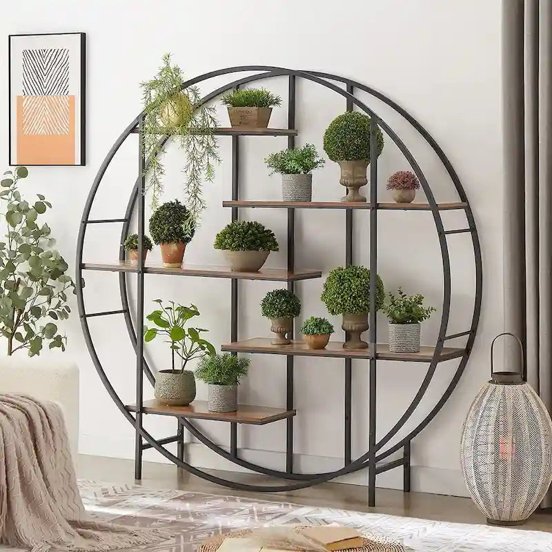 5-Tier Vintage Round Bookshelf Display Stand with Black Metal Frame