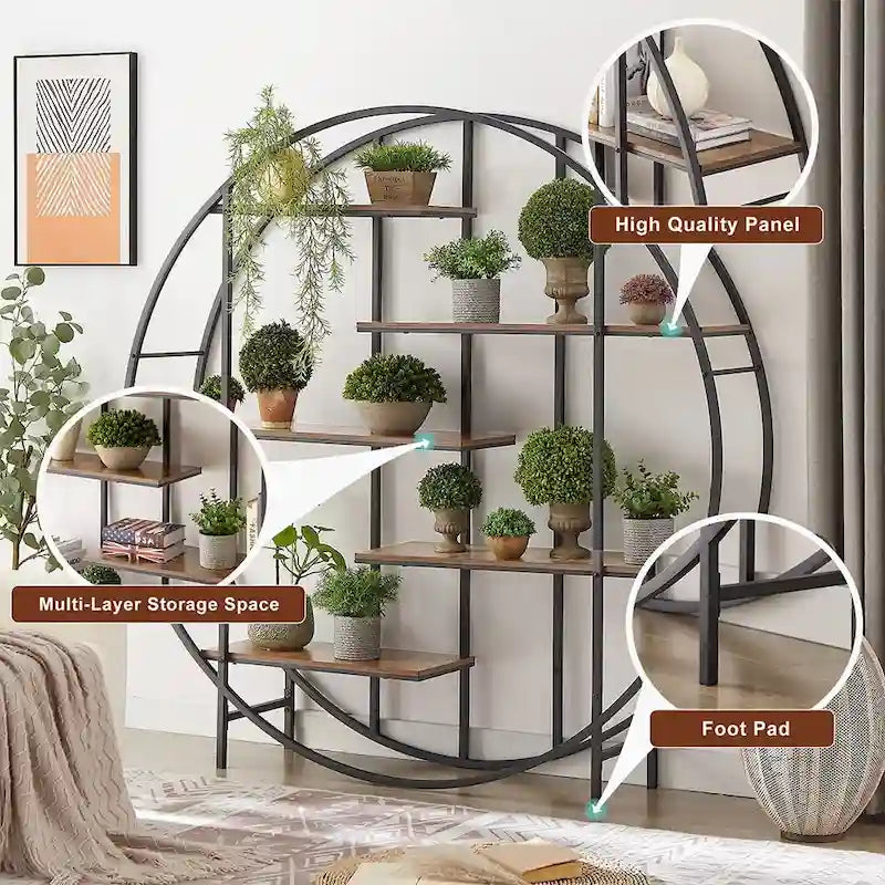 5-Tier Vintage Round Bookshelf Display Stand with Black Metal Frame