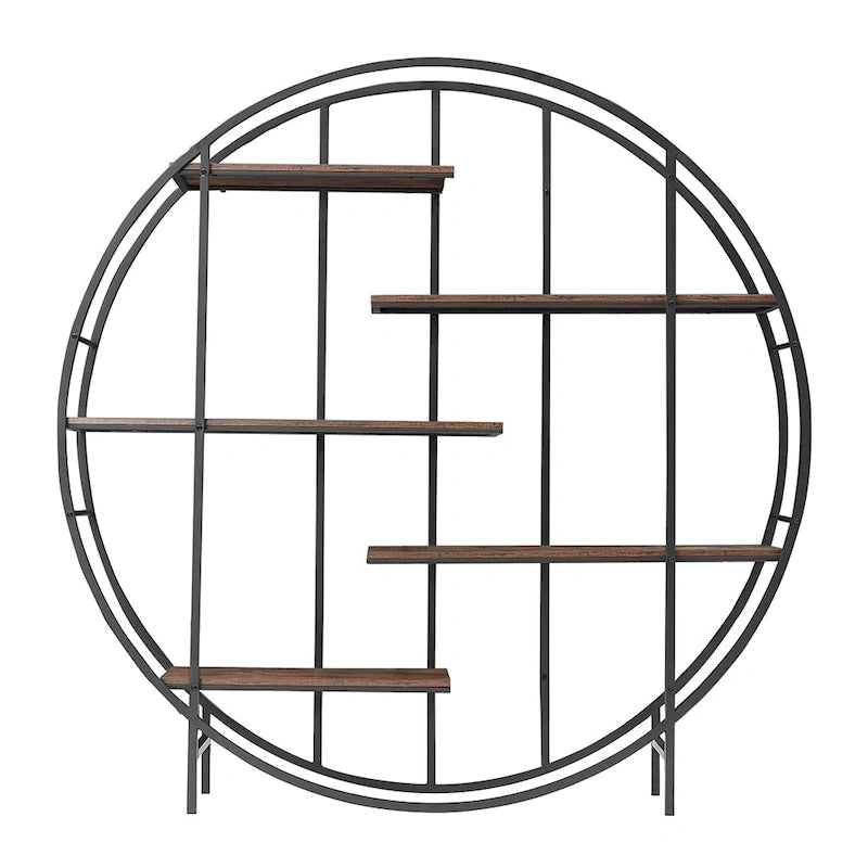 5-Tier Vintage Round Bookshelf Display Stand with Black Metal Frame