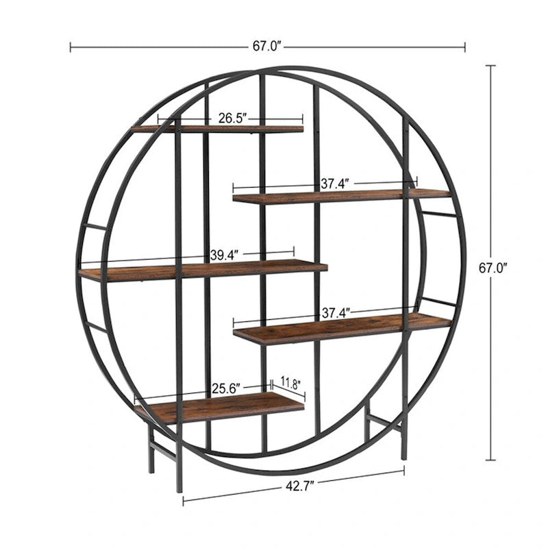 5-Tier Vintage Round Bookshelf Display Stand with Black Metal Frame