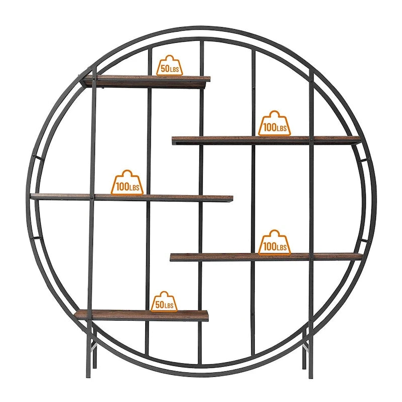 5-Tier Vintage Round Bookshelf Display Stand with Black Metal Frame