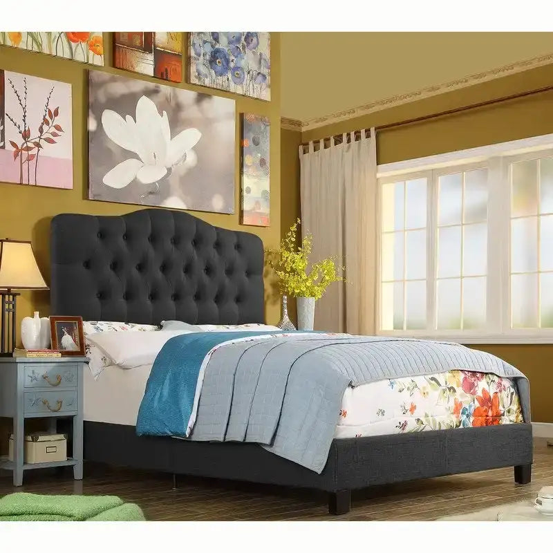 Curved Upholstered Button-tufted Platform Bed Frame