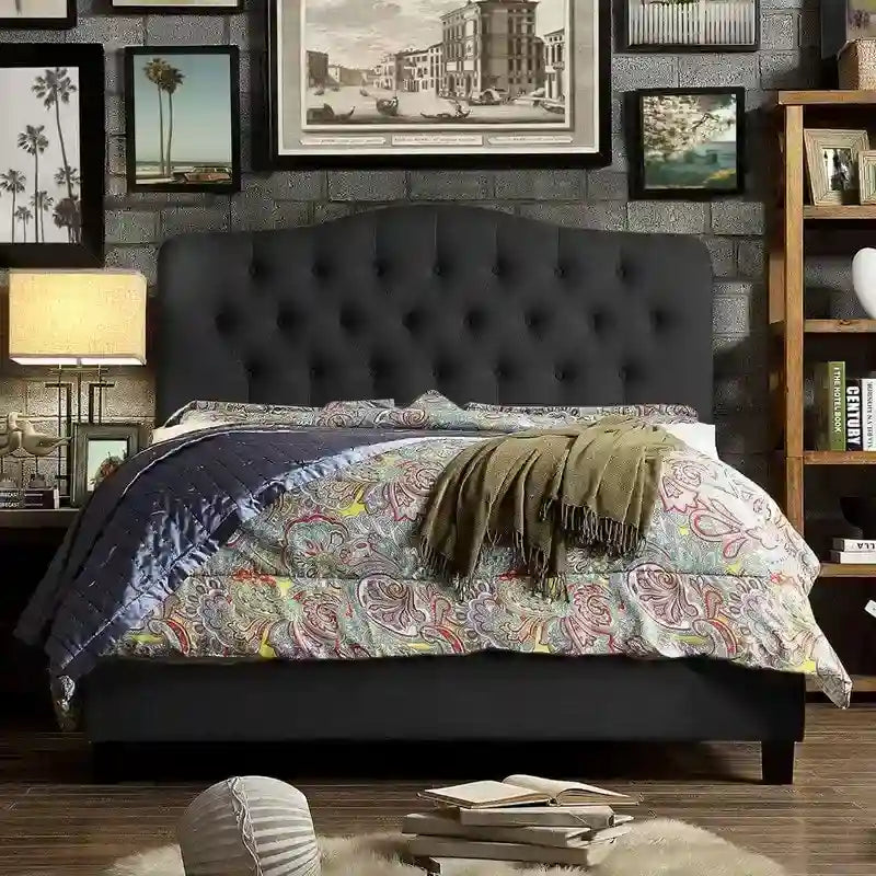 Curved Upholstered Button-tufted Platform Bed Frame