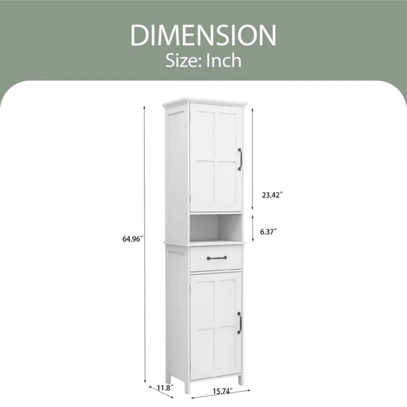 64.96Tall Narrow Storage Cabinet, Bathroom Slim Floor Freestanding Cabinet with Two Doors for Bathroom,White