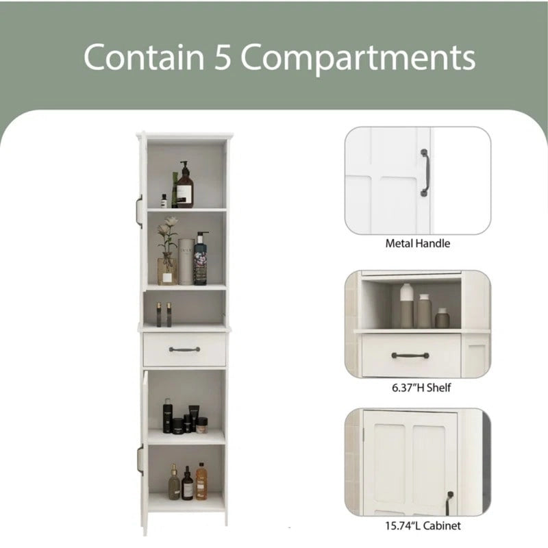 64.96Tall Narrow Storage Cabinet, Bathroom Slim Floor Freestanding Cabinet with Two Doors for Bathroom,White