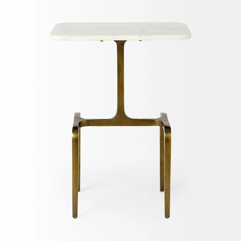 Table d’appoint rectangulaire avec plateau en marbre blanc et base en métal doré - 17.3L x 11.3W x 22.8H