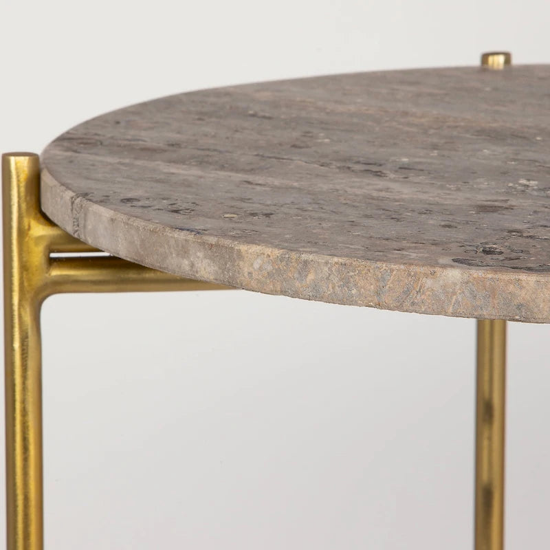 Gold Iron and Travertine Marble Top Accent Table