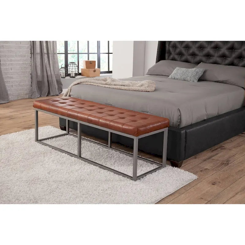 Cinnamon Brown Genuine Leather and Metal Accent Bench