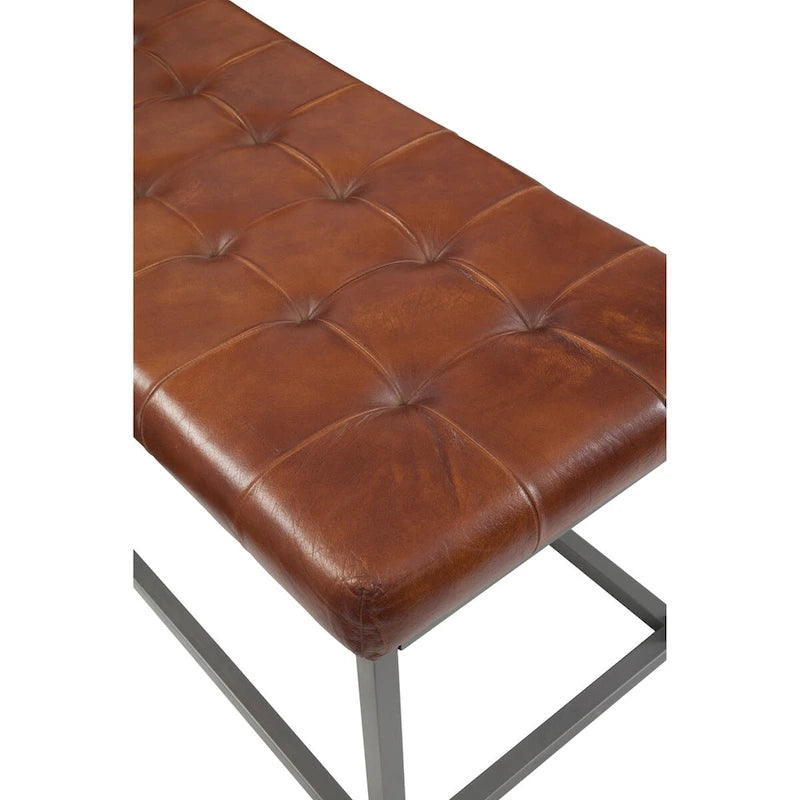 Cinnamon Brown Genuine Leather and Metal Accent Bench