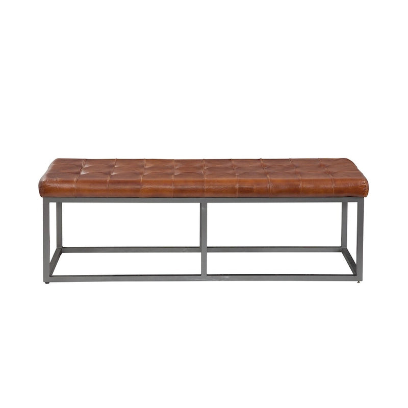 Cinnamon Brown Genuine Leather and Metal Accent Bench
