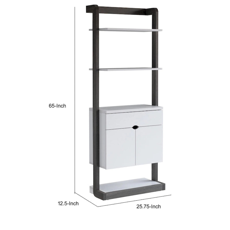 65 Inch Modern Display Cabinet, 4 Shelves, Drawer, Distressed Gray, White