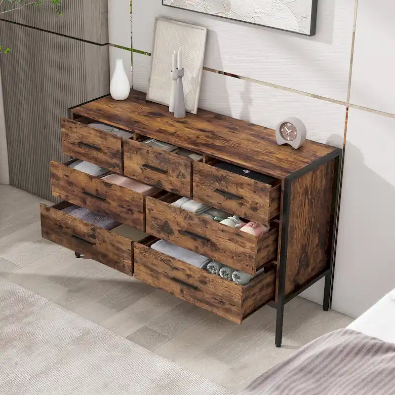 Wood Dresser with 7 Drawers, Wooden Storage Closet for Bedroom, Solid Clothes Cabinet
