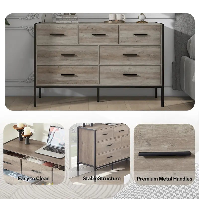 Wood Dresser with 7 Drawers, Wooden Storage Closet for Bedroom, Solid Clothes Cabinet