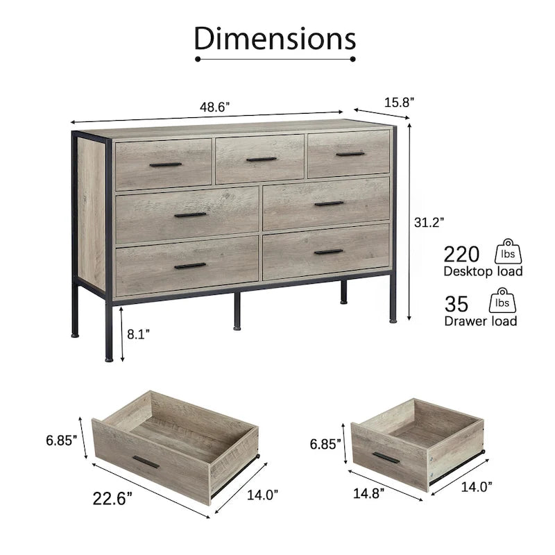 Wood Dresser with 7 Drawers, Wooden Storage Closet for Bedroom, Solid Clothes Cabinet