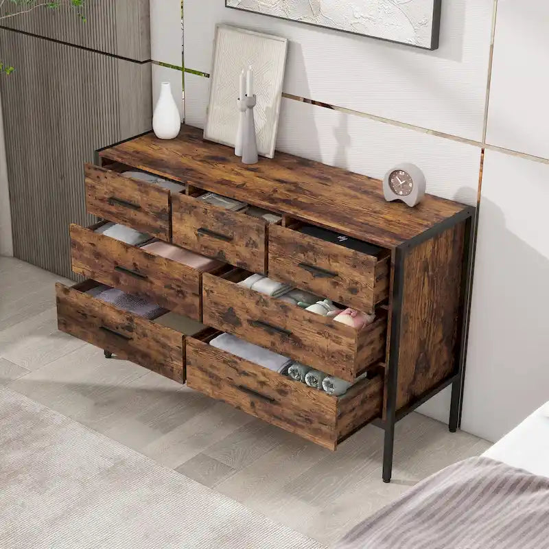 Wood Dresser with 7 Drawers, Wooden Storage Closet for Bedroom, Solid Clothes Cabinet