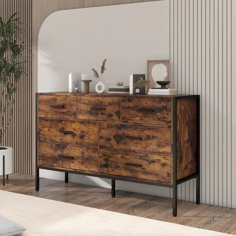Wood Dresser with 7 Drawers, Wooden Storage Closet for Bedroom, Solid Clothes Cabinet