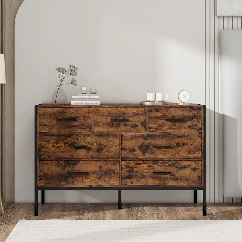 Wood Dresser with 7 Drawers, Wooden Storage Closet for Bedroom, Solid Clothes Cabinet