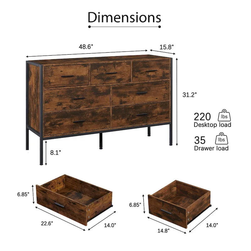 Wood Dresser with 7 Drawers, Wooden Storage Closet for Bedroom, Solid Clothes Cabinet