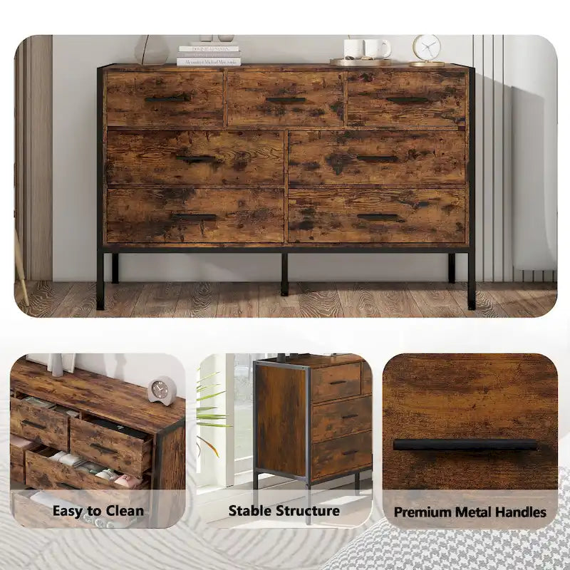 Wood Dresser with 7 Drawers, Wooden Storage Closet for Bedroom, Solid Clothes Cabinet