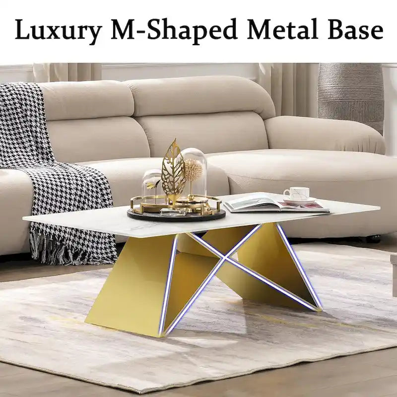 Luxurious 50 inch Rectangle White Glass Coffee Table with Mirrored M-Shaped Base