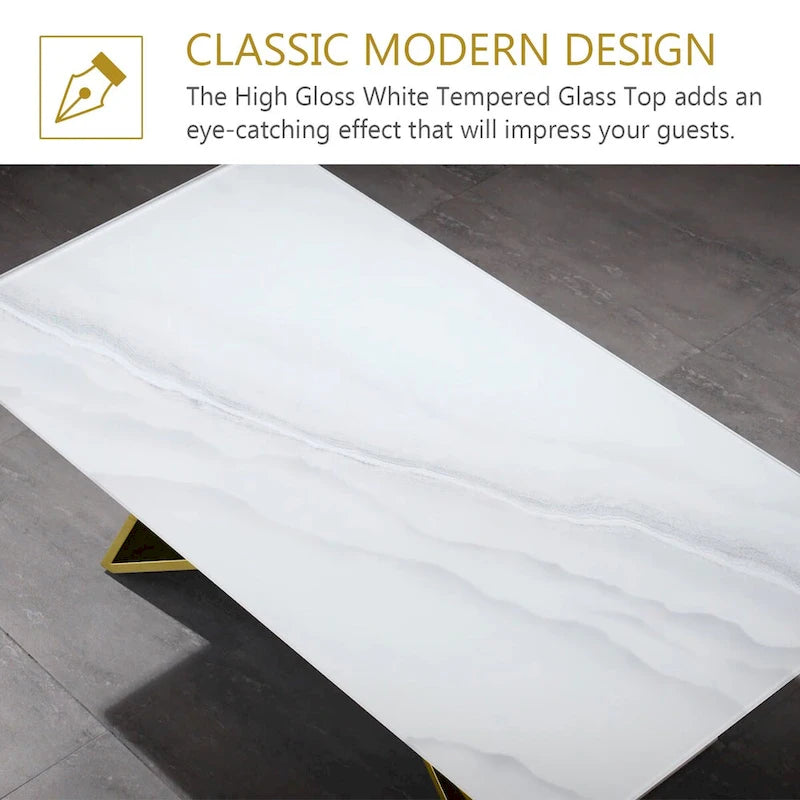 Luxurious 50 inch Rectangle White Glass Coffee Table with Mirrored M-Shaped Base