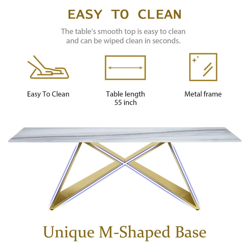 Luxurious 50 inch Rectangle White Glass Coffee Table with Mirrored M-Shaped Base