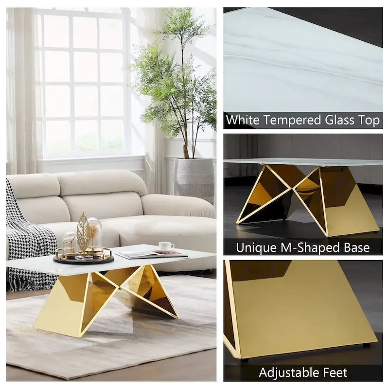 Luxurious 50 inch Rectangle White Glass Coffee Table with Mirrored M-Shaped Base