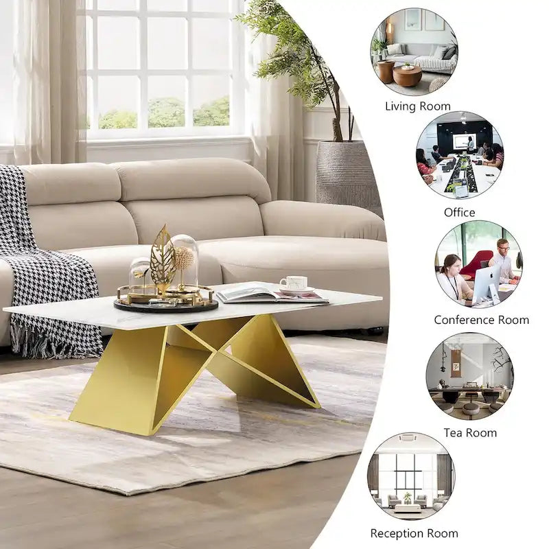 Luxurious 50 inch Rectangle White Glass Coffee Table with Mirrored M-Shaped Base