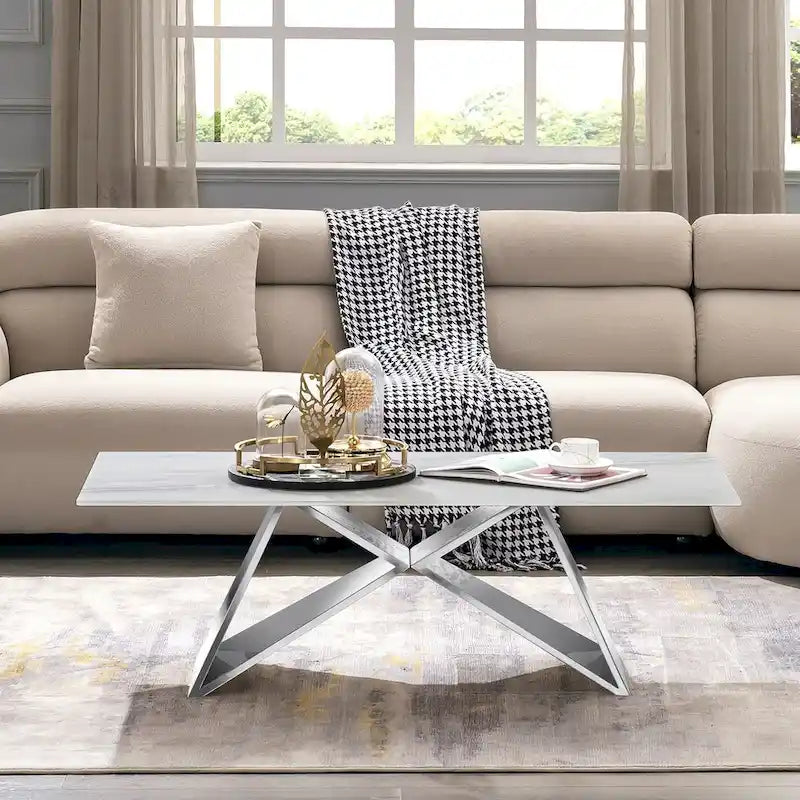 Luxurious 50 inch Rectangle White Glass Coffee Table with Mirrored M-Shaped Base