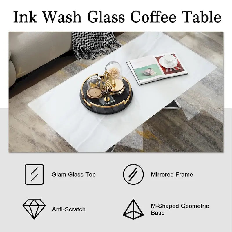 Luxurious 50 inch Rectangle White Glass Coffee Table with Mirrored M-Shaped Base