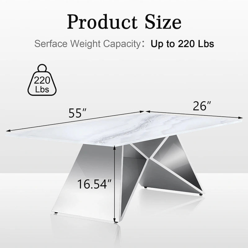 Luxurious 50 inch Rectangle White Glass Coffee Table with Mirrored M-Shaped Base