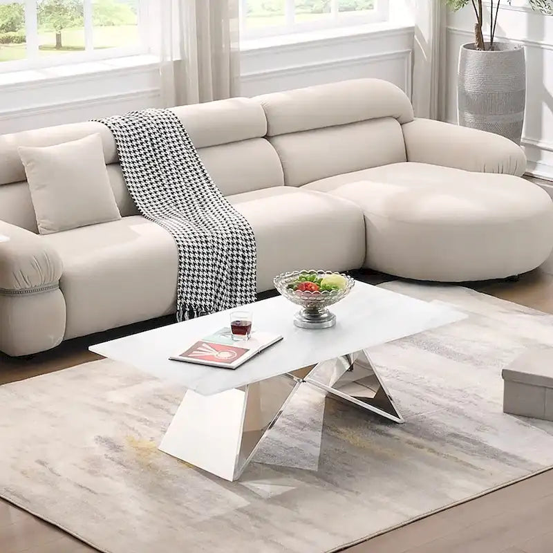 Luxurious 50 inch Rectangle White Glass Coffee Table with Mirrored M-Shaped Base