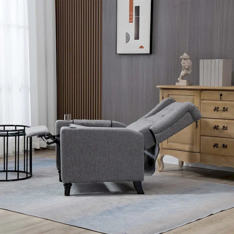 Moderní látkové polohovací křeslo s vysokým opěradlem, knoflíkovým prošíváním a funkcí push-back