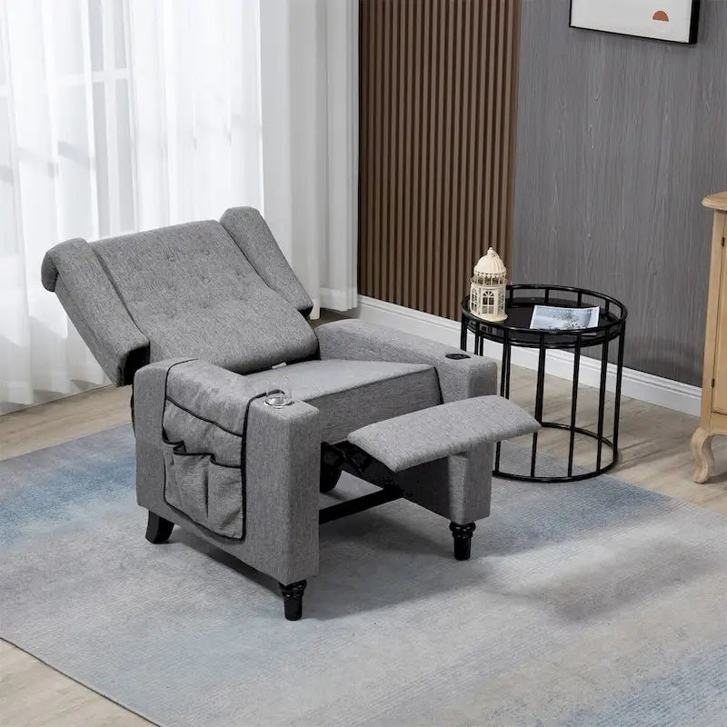 Moderní látkové polohovací křeslo s vysokým opěradlem, knoflíkovým prošíváním a funkcí push-back