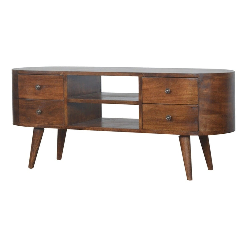 Chestnut Rounded Entertainment Unit with Storage Shelves for Living Room